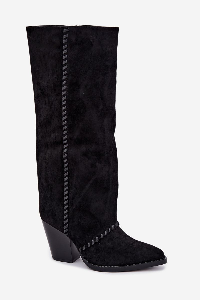 Schwarze Cowboy-Stiefelette aus Velourslederimitat mit Blockabsatz und Reißverschluss