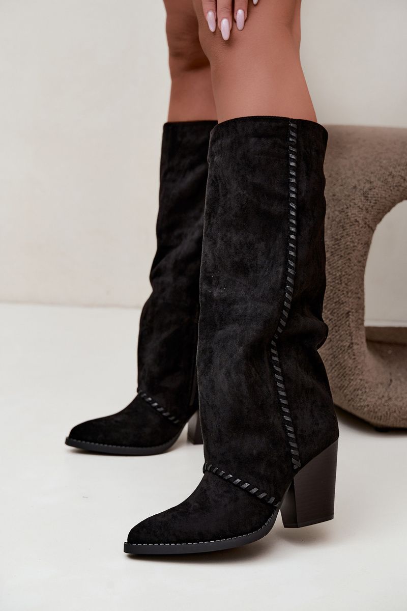 Schwarze Cowboy-Stiefelette aus Velourslederimitat mit Blockabsatz und Reißverschluss