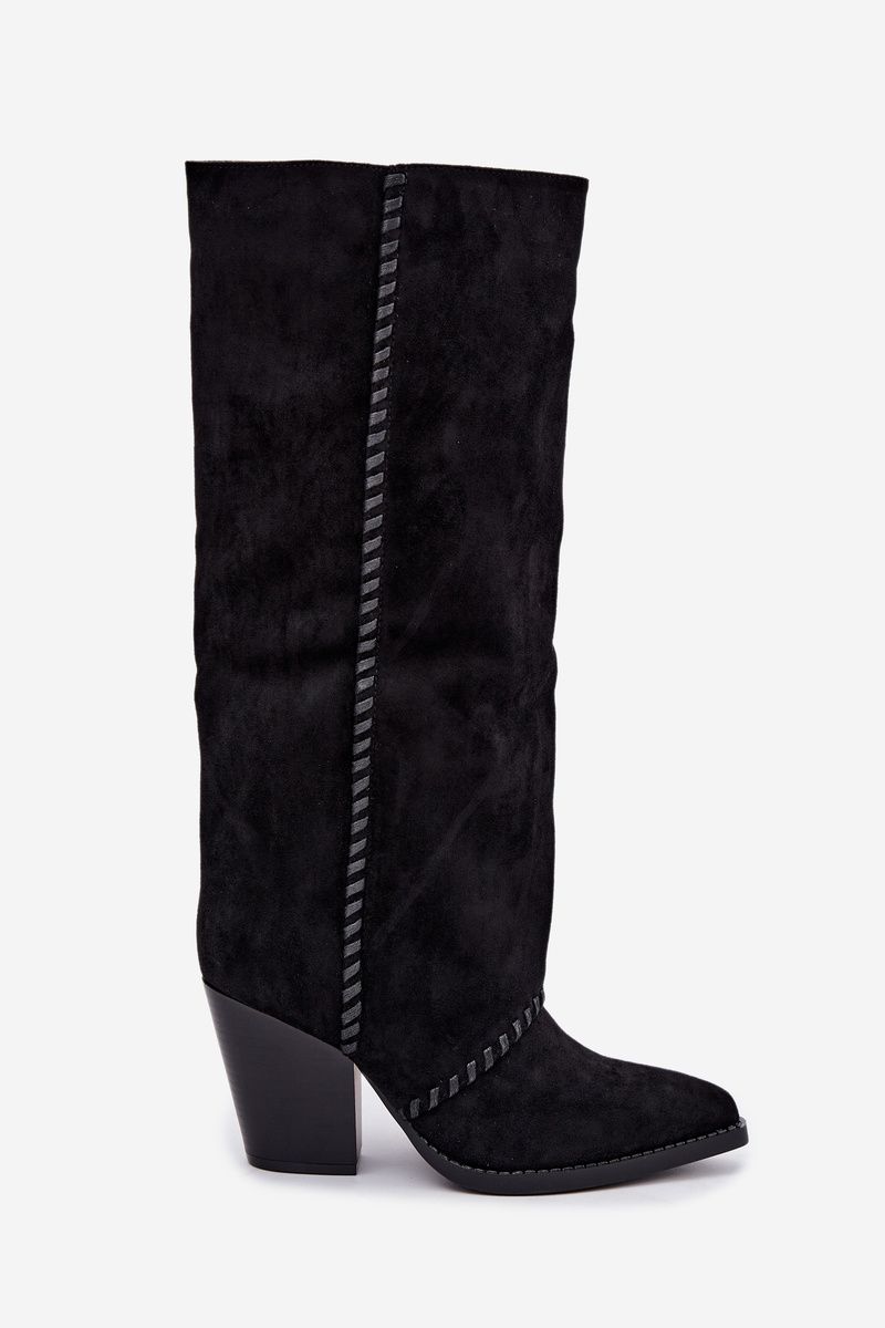 Schwarze Cowboy-Stiefelette aus Velourslederimitat mit Blockabsatz und Reißverschluss