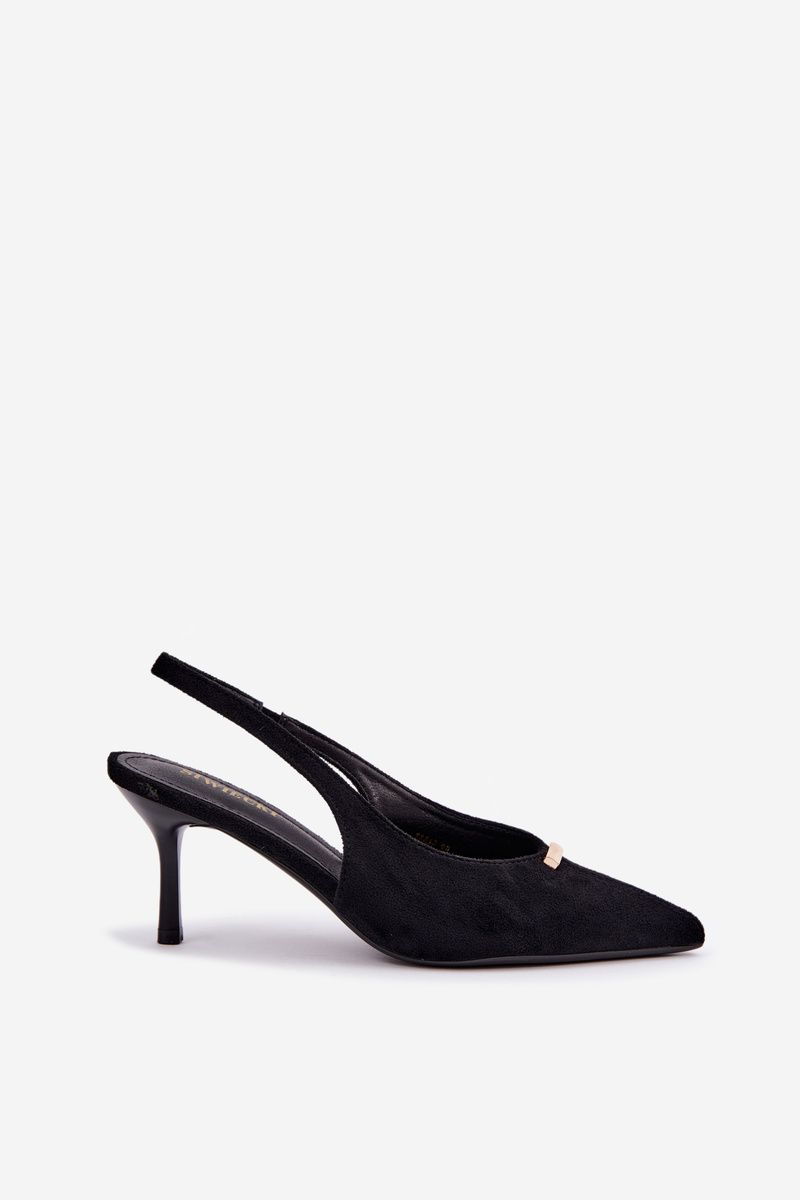 Schwarze Pumps mit offener Ferse und goldenem Detail am Stilettoabsatz