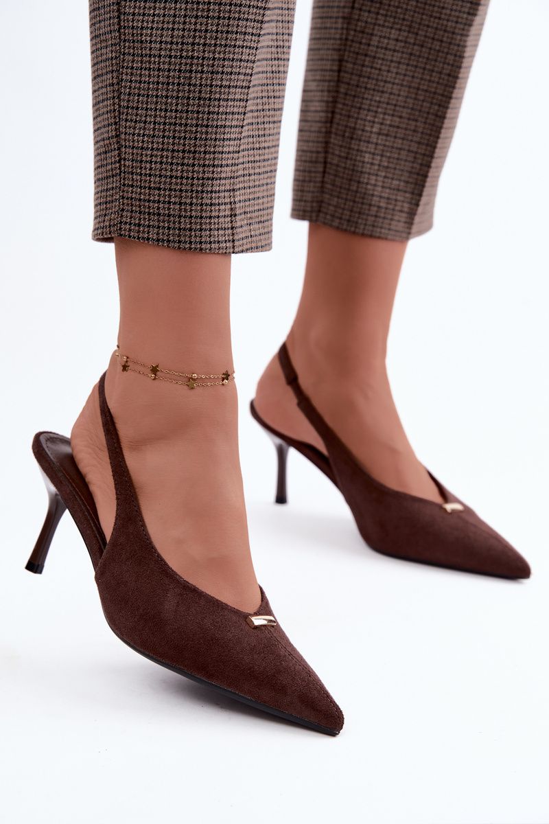 Pumps mit offener Ferse und goldenem Detail am Stilettoabsatz, braun