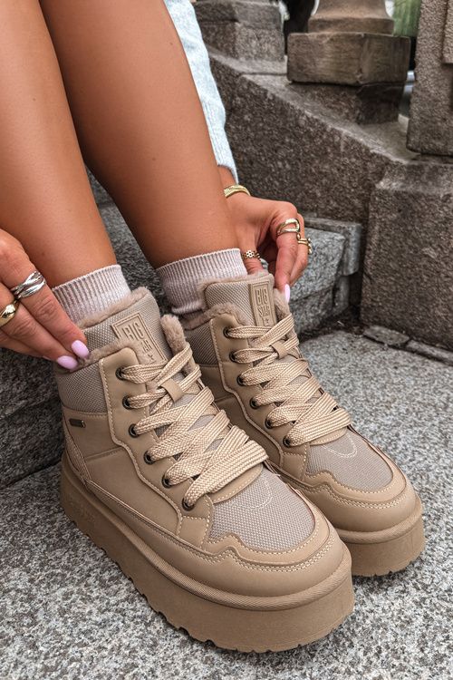 Schnür-Snowboots mit Fell beige