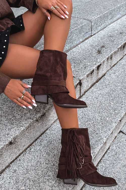 Cowboy-Stiefelette mit Blockabsatz, Fransen und umgeschlagenem Schaft, braun