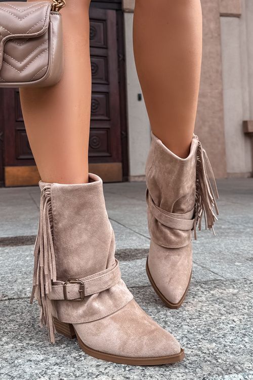 Beige Stiefelette mit umgeschlagenem Schaft und Fransen