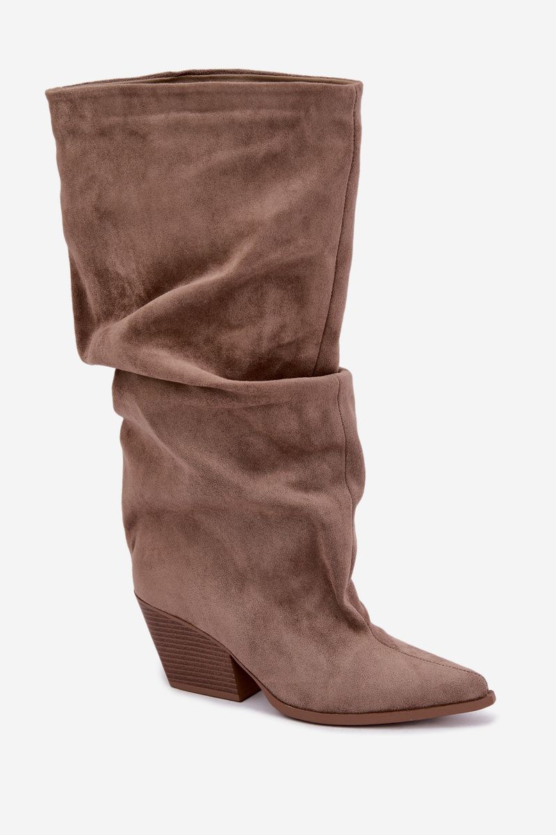 Beige Stiefel aus Veloursleder mit gerafftem Schaft und Absatz