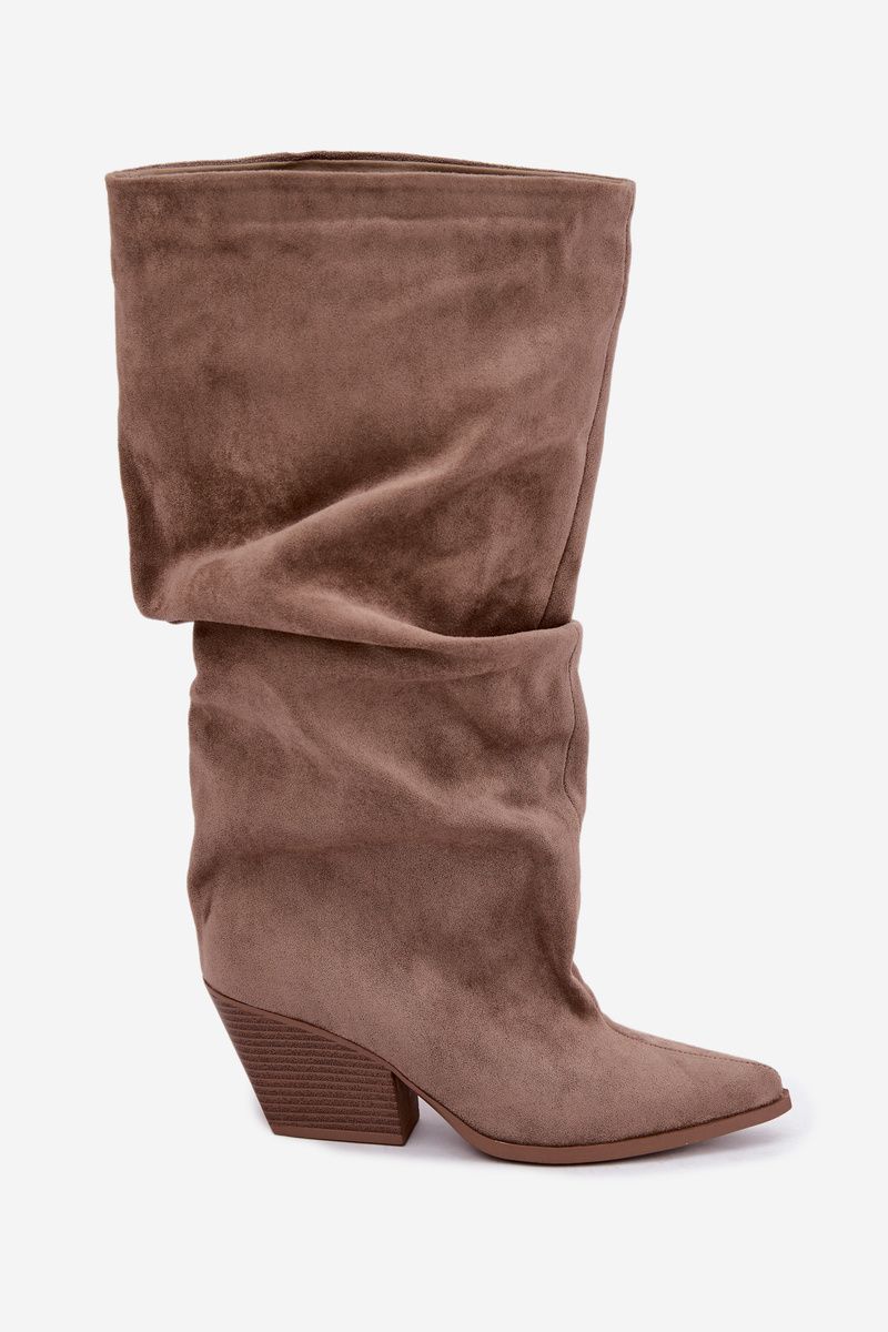 Beige Stiefel aus Veloursleder mit gerafftem Schaft und Absatz