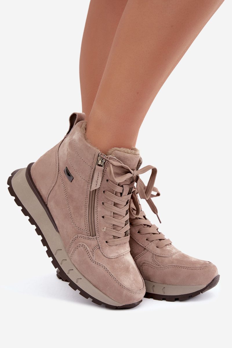 Beige gefütterte Ankle Boots aus echtem Veloursleder mit Plateau