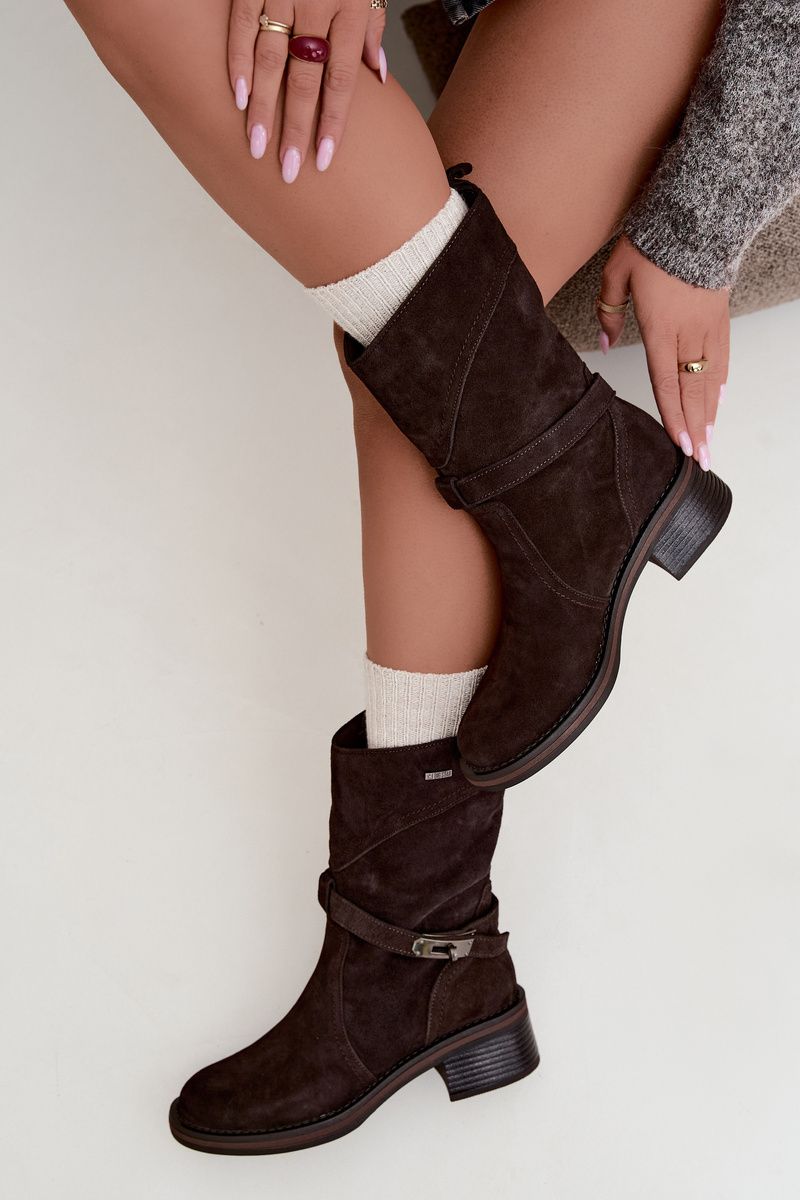 Gefütterte Stiefelette aus Wildleder mit Blockabsatz, braun