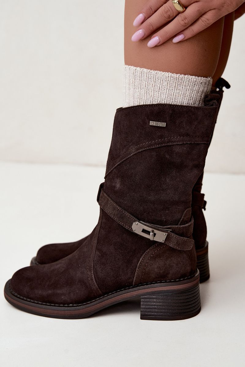 Gefütterte Stiefelette aus Wildleder mit Blockabsatz, braun
