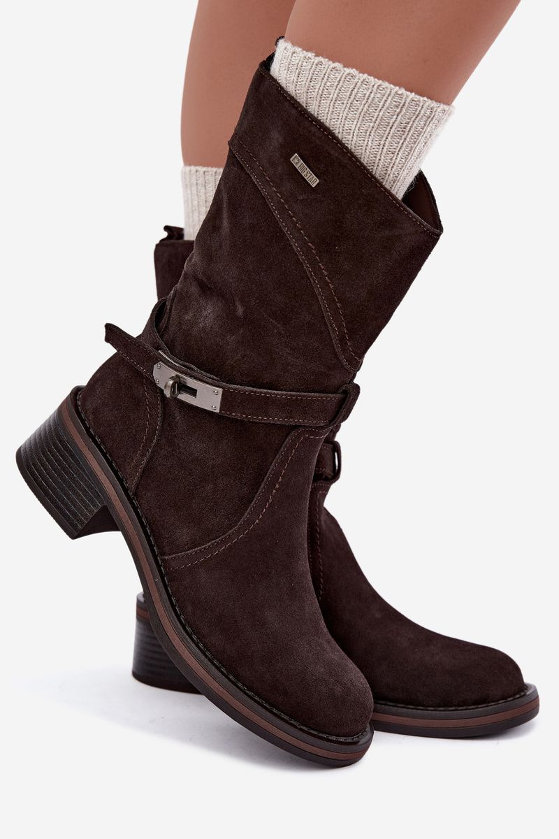 Gefütterte Stiefelette aus Wildleder mit Blockabsatz, braun