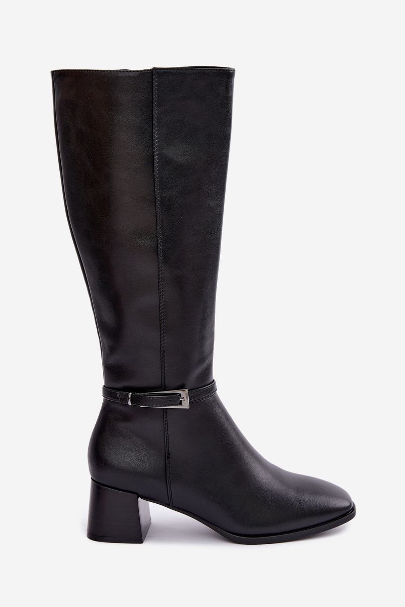 Gefütterte Lederstiefel mit Blockabsatz und Schnalle, schwarz