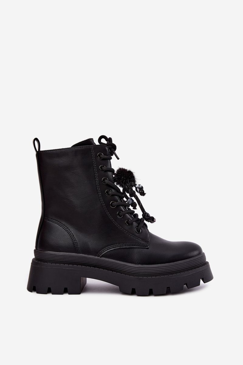 Schwarze Ankle-Workery mit Plateau und dekorativem Bommel