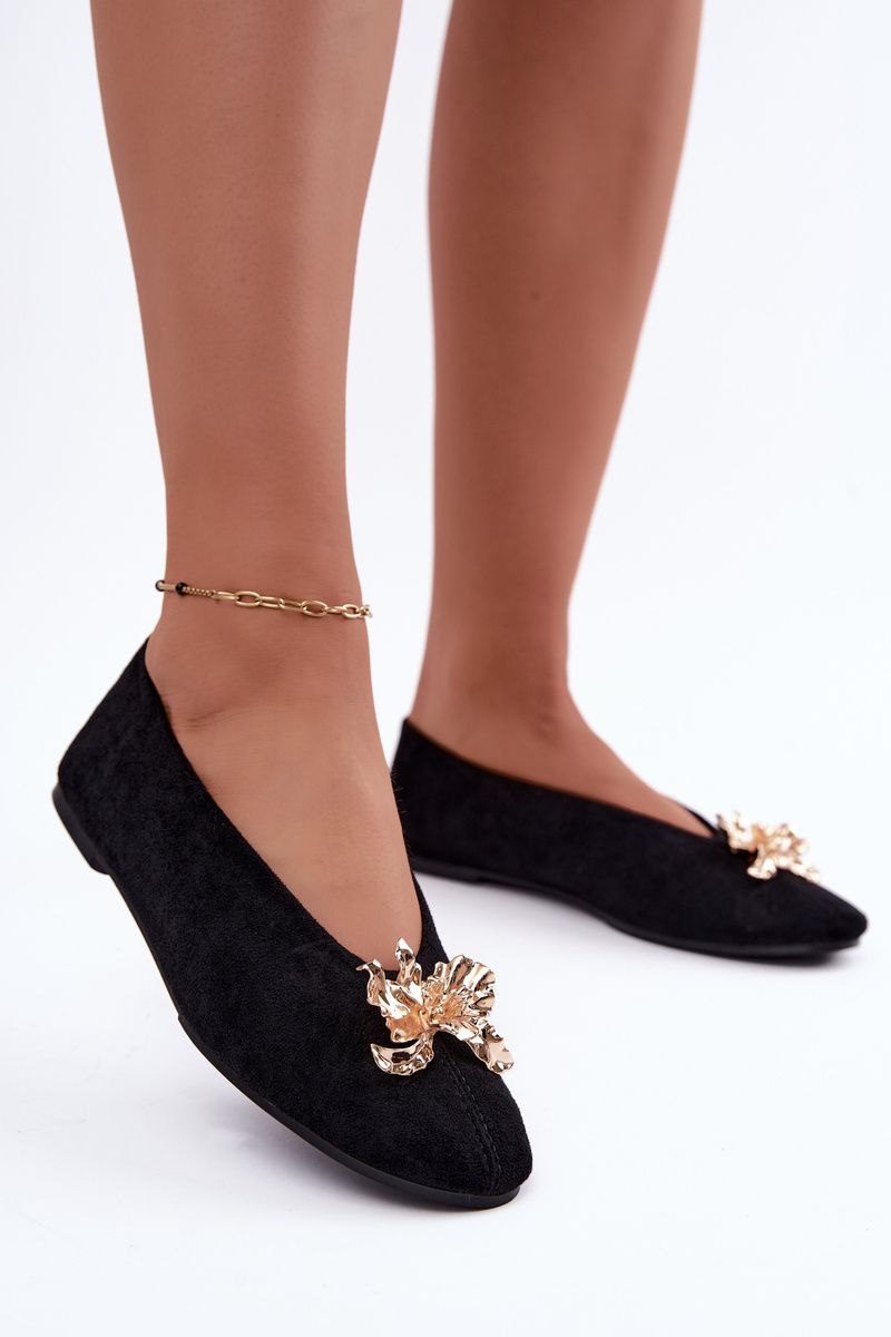 Schwarze Ballerinas mit Schmuckverzierung aus Velourslederimitat