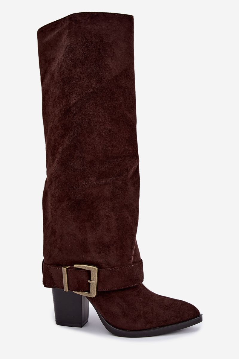Stiefel mit Blockabsatz, umgeschlagenem Schaft und Schnalle, braun