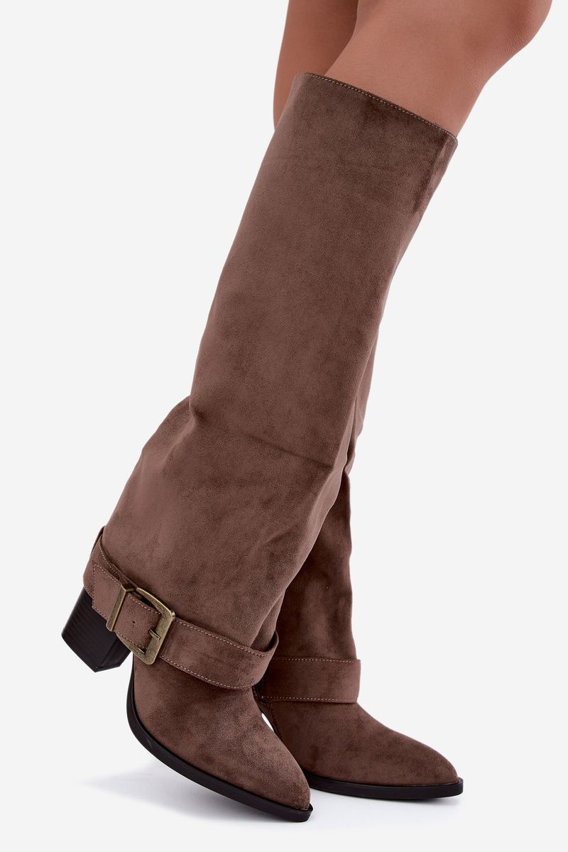 Stiefel mit Blockabsatz, umgeschlagenem Schaft und Schnalle, beige