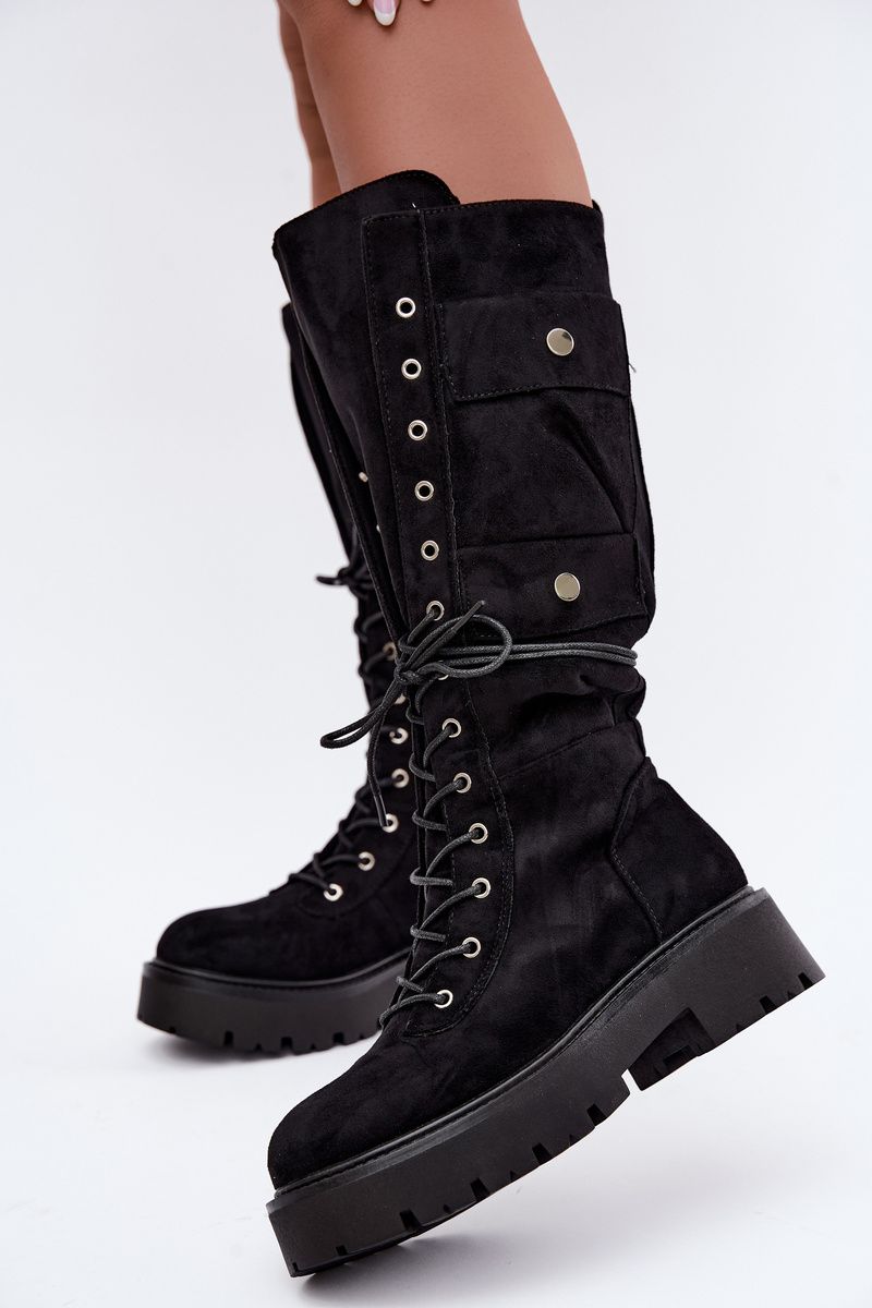 Schnürstiefel mit Plateau, gefüttert, schwarz