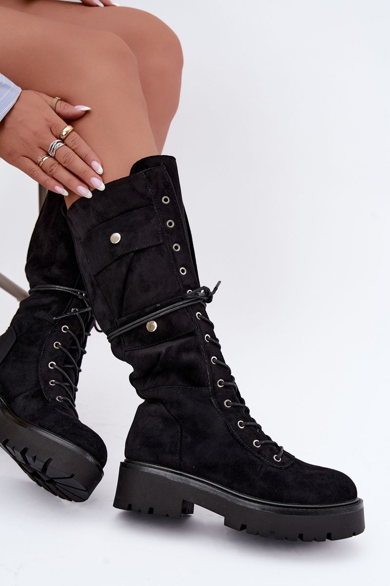 Schnürstiefel mit Plateau, gefüttert, schwarz