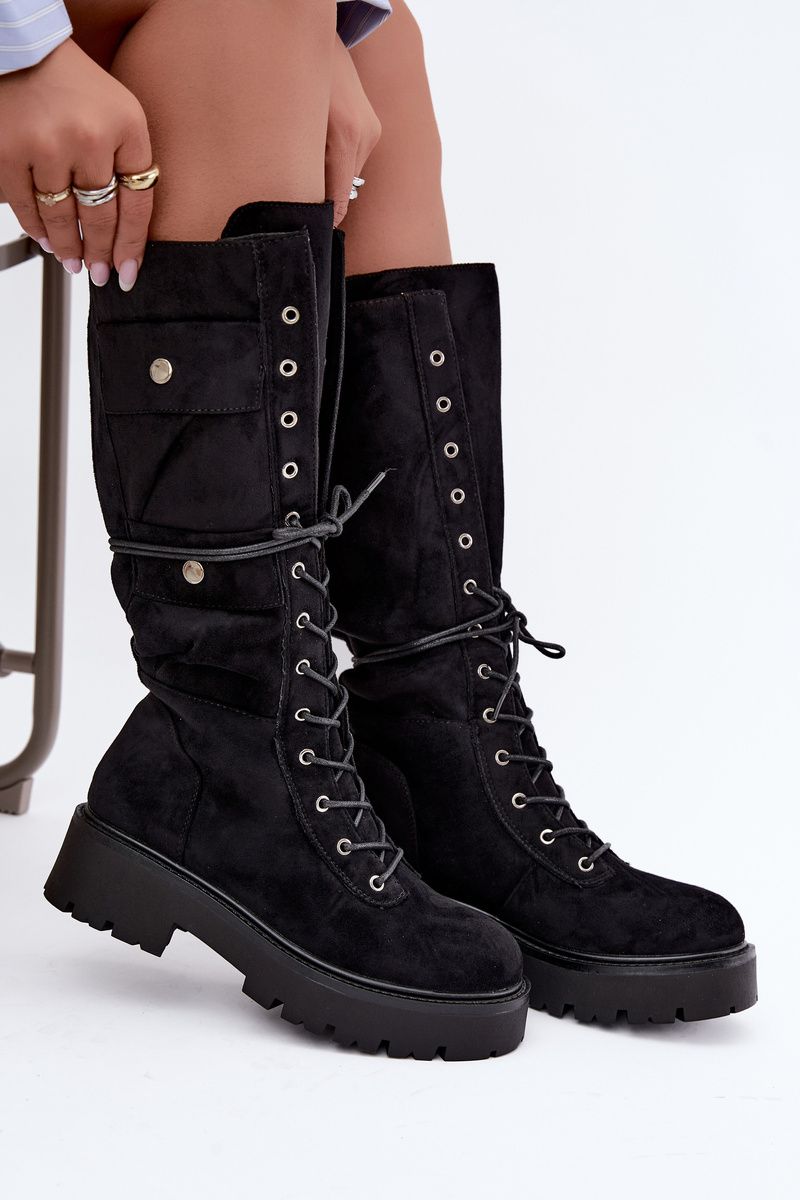 Schnürstiefel mit Plateau, gefüttert, schwarz