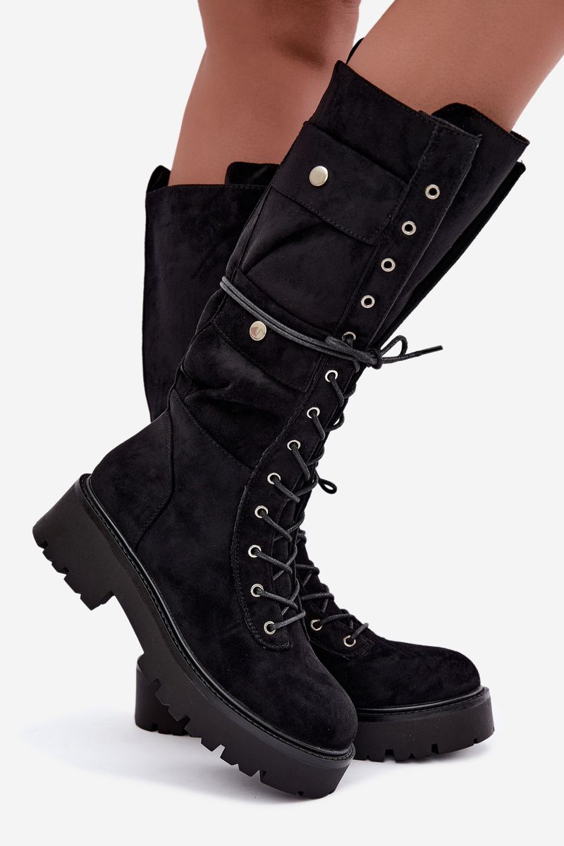 Schnürstiefel mit Plateau, gefüttert, schwarz