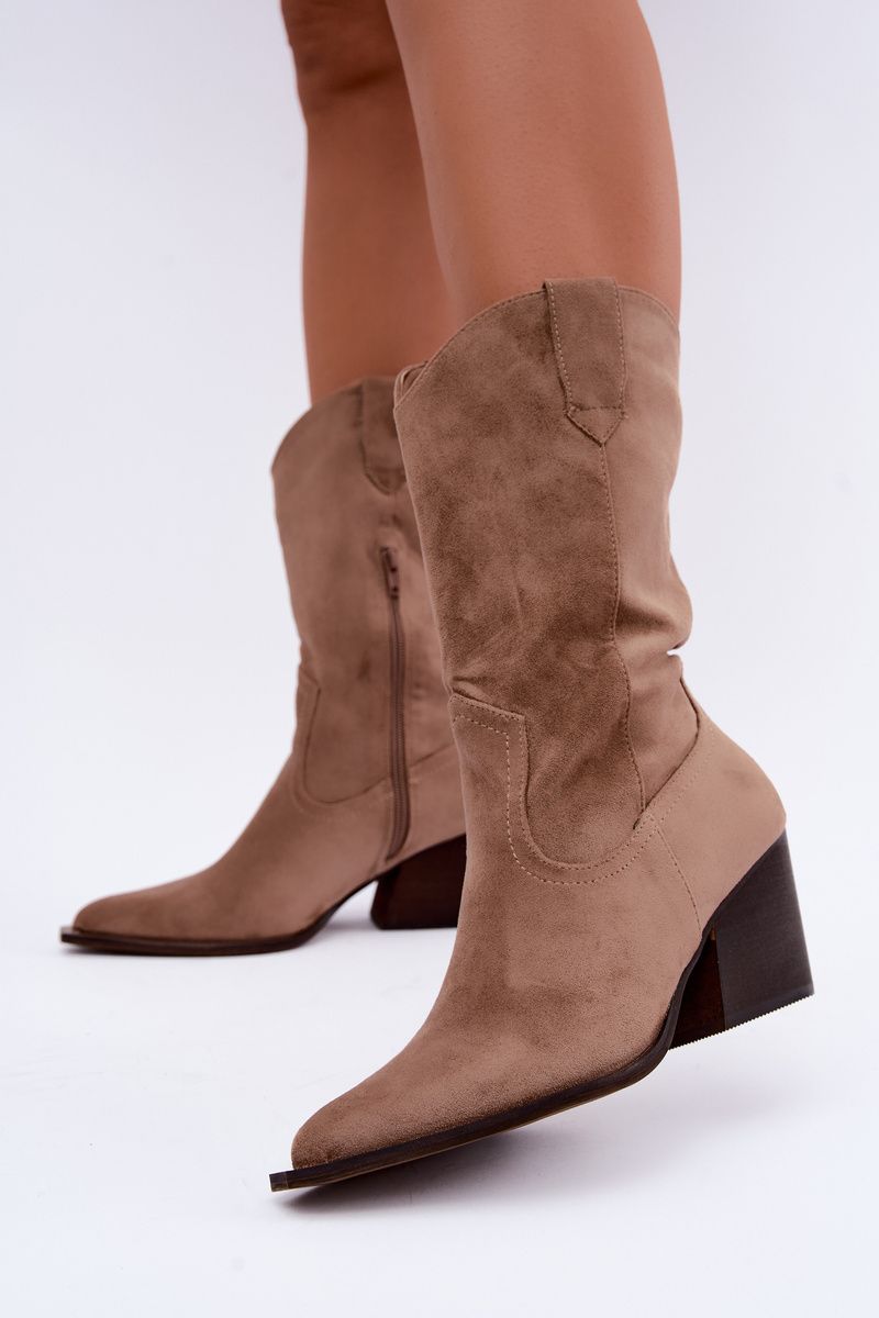 Beige Stiefelette mit Blockabsatz aus Velourslederimitat