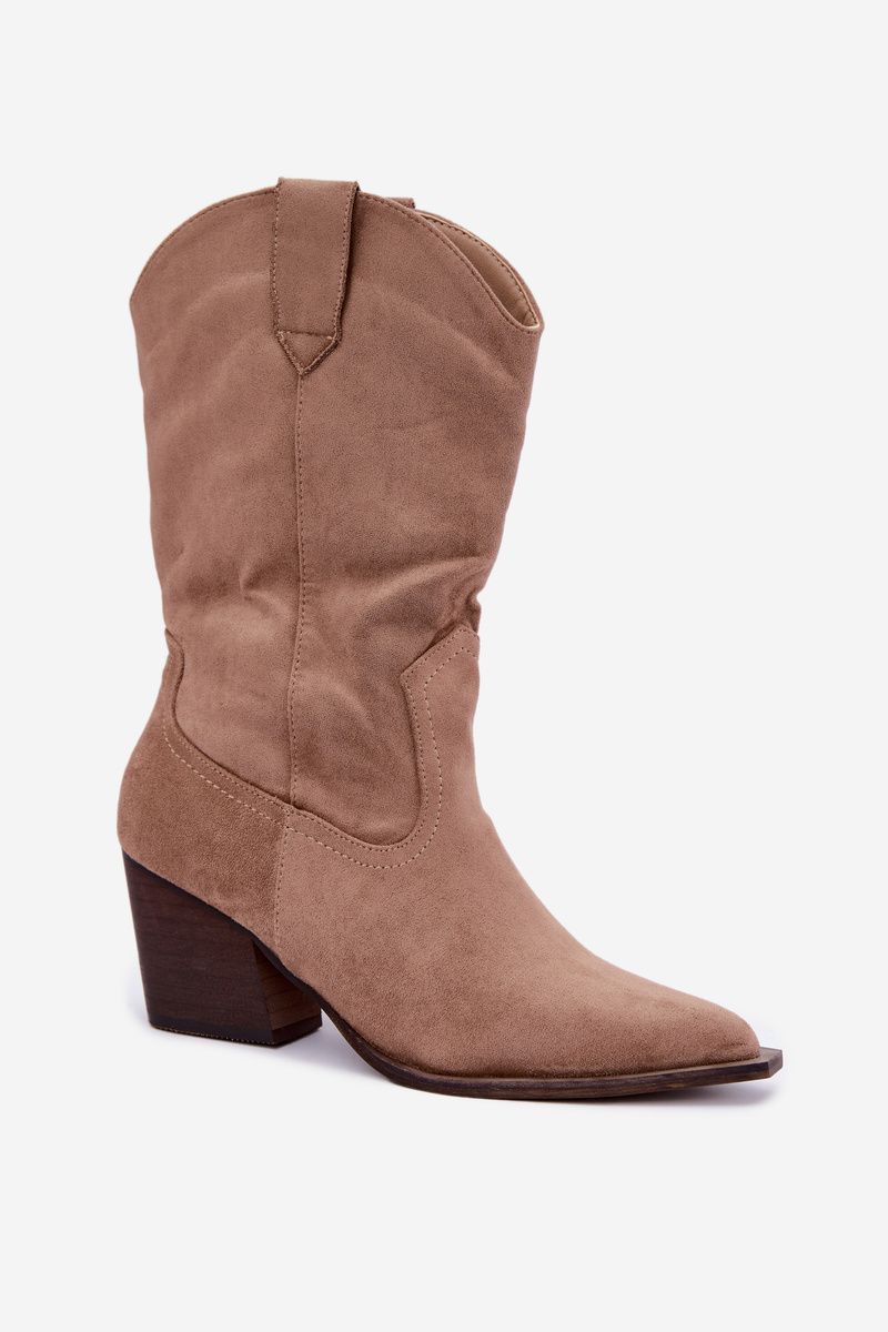 Beige Stiefelette mit Blockabsatz aus Velourslederimitat