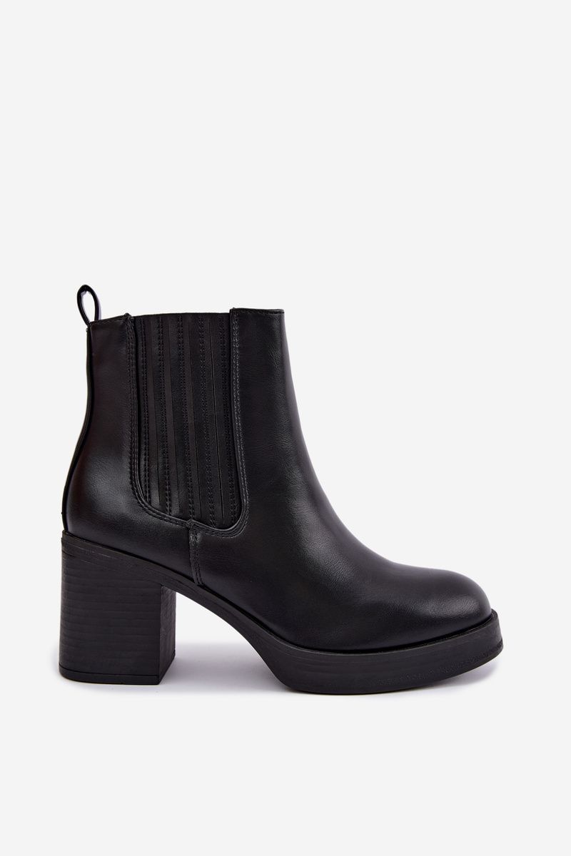 Gefütterte schwarze Stiefelette mit Blockabsatz aus Kunstleder