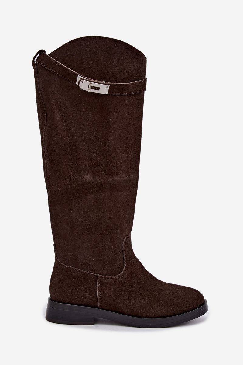 Stiefel aus Veloursleder mit dekorativem Riemen, braun