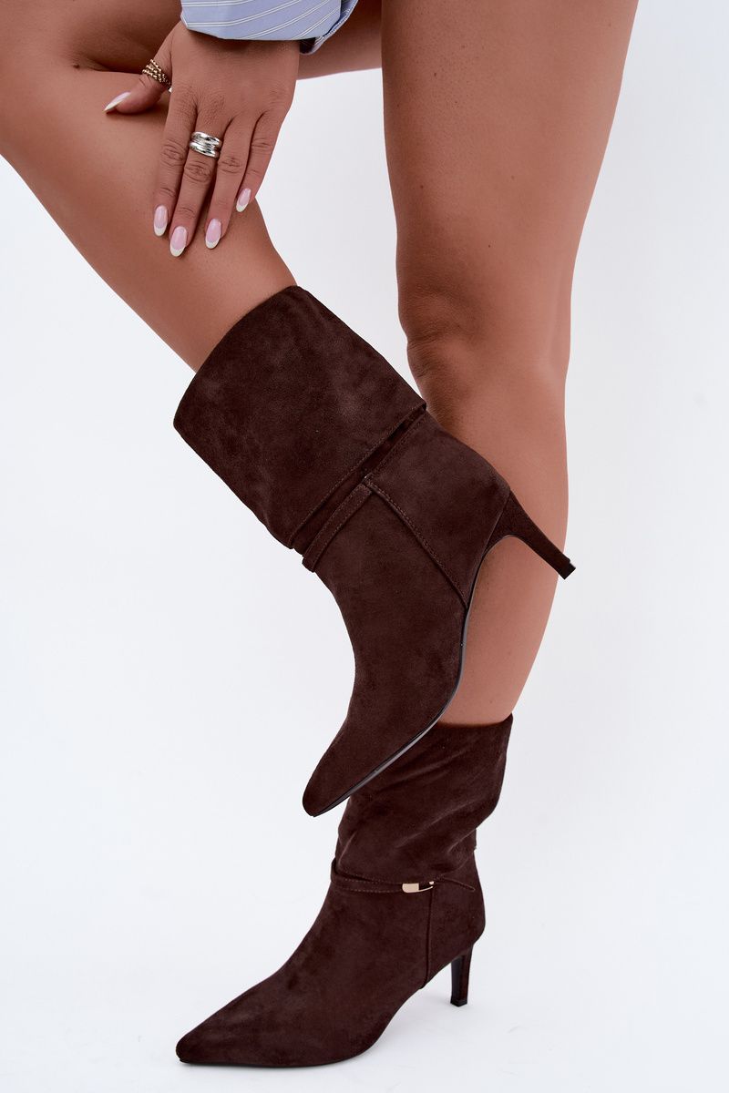 Braune gefütterte Stiefelette mit Stiletto-Absatz und Riemen