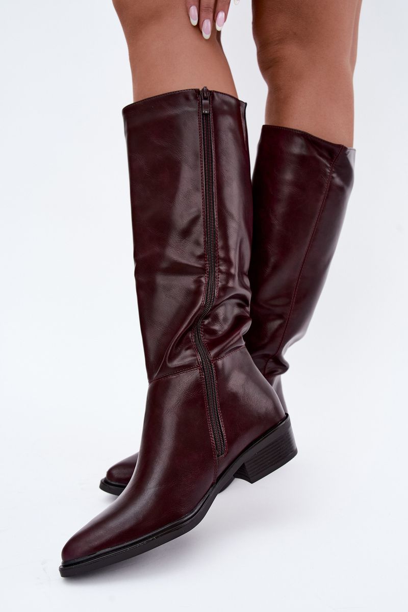 Gefütterte bordeauxfarbene Overknee-Stiefel mit niedrigem Absatz