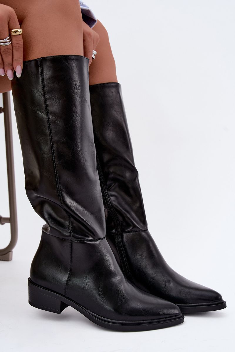 Gefütterte Overknee-Stiefel mit niedrigem Absatz schwarz