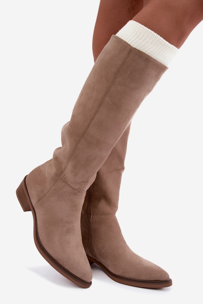 Gefütterte beige Overknee-Stiefel aus Veloursleder mit niedrigem Blockabsatz