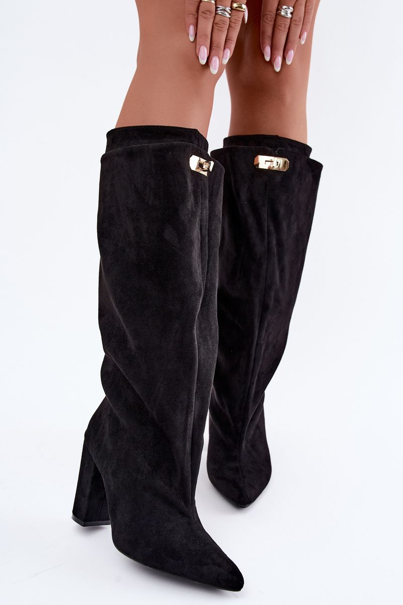Schwarze Overknee-Stiefel mit doppeltem Schaft und Blockabsatz, gefüttert