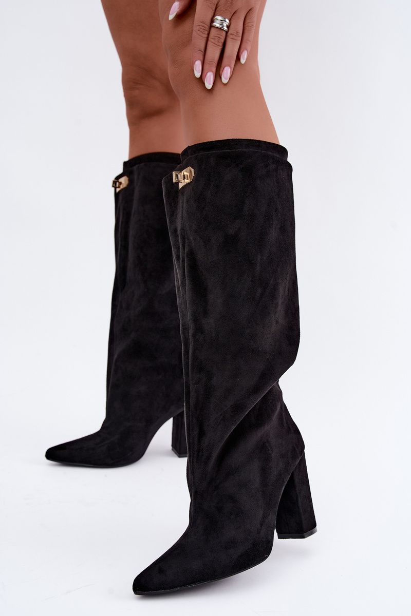 Schwarze Overknee-Stiefel mit doppeltem Schaft und Blockabsatz, gefüttert