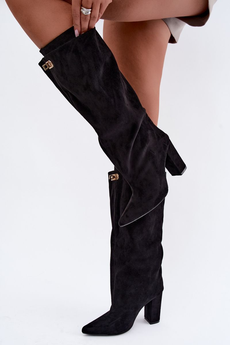 Schwarze Overknee-Stiefel mit doppeltem Schaft und Blockabsatz, gefüttert