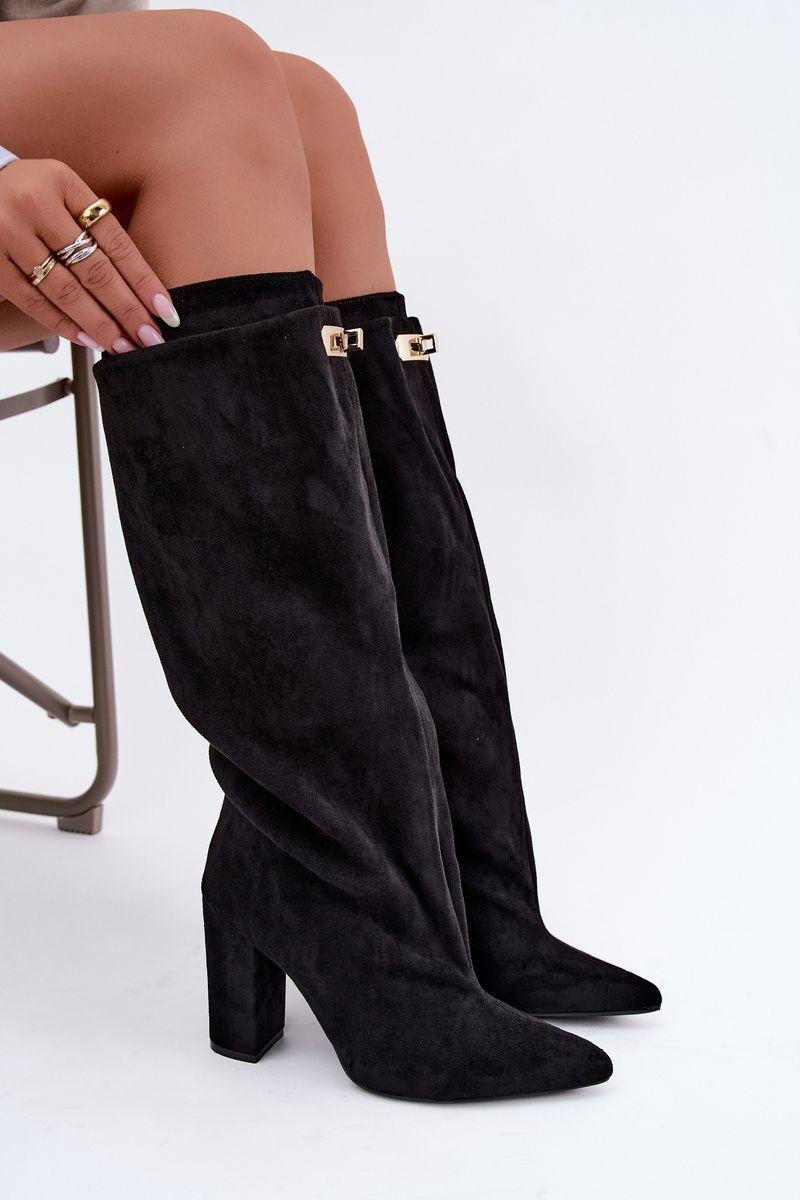 Schwarze Overknee-Stiefel mit doppeltem Schaft und Blockabsatz, gefüttert