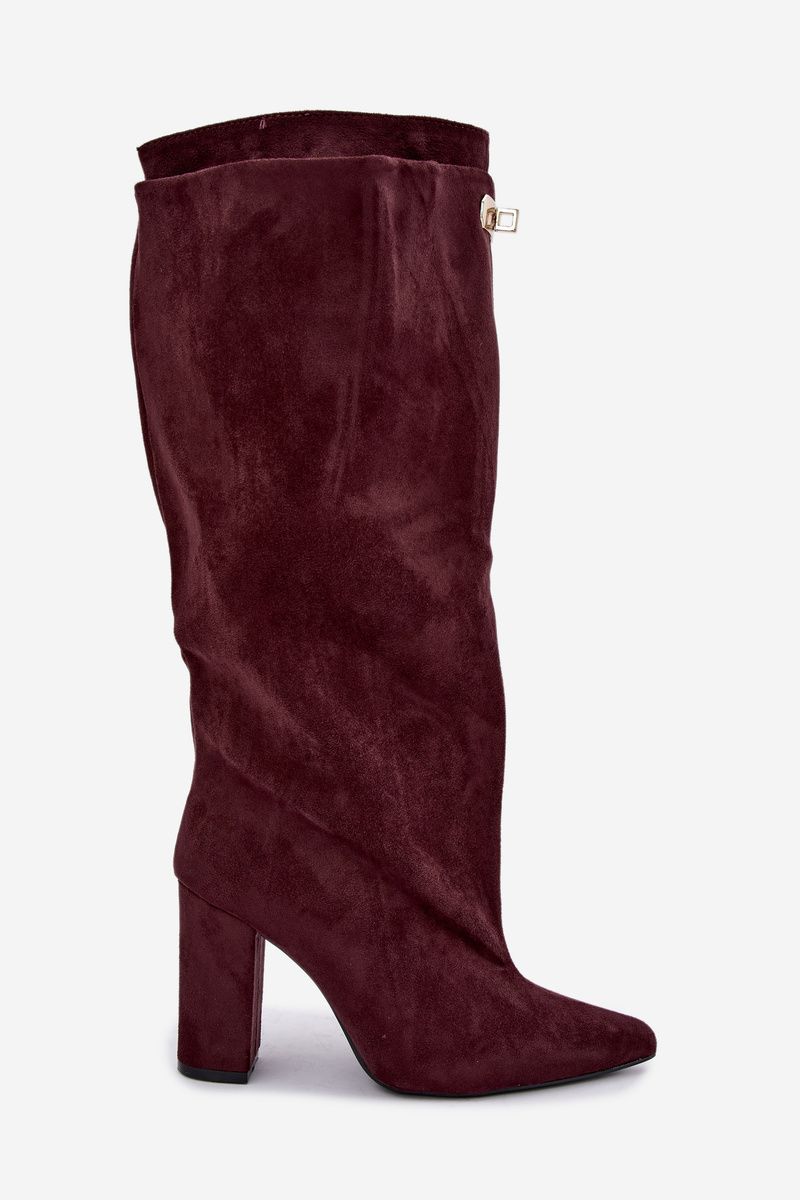 Gefütterte Overknee-Stiefel aus rotem Veloursleder mit Blockabsatz