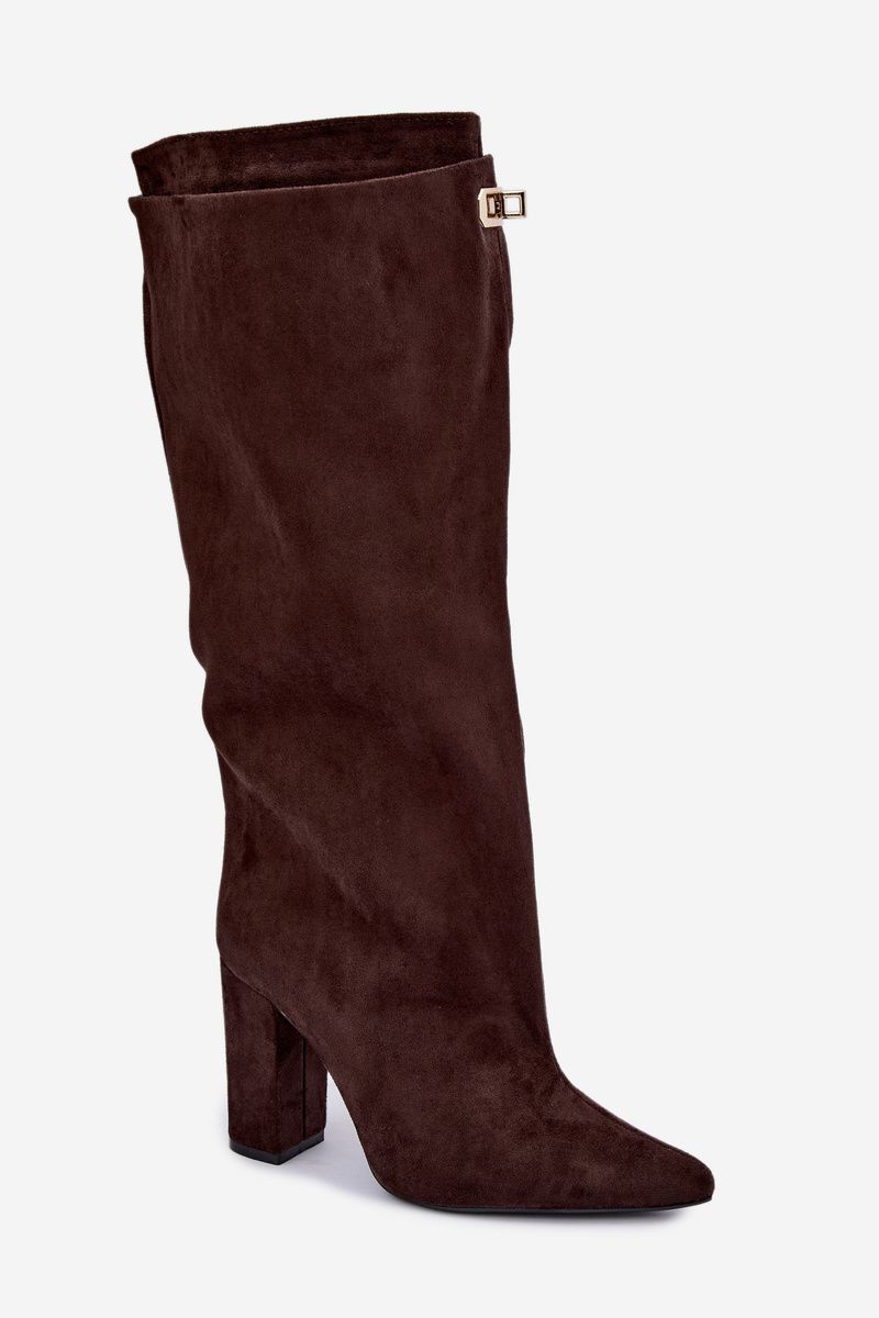Gefütterte Overknee-Stiefel aus Veloursleder mit Blockabsatz, braun