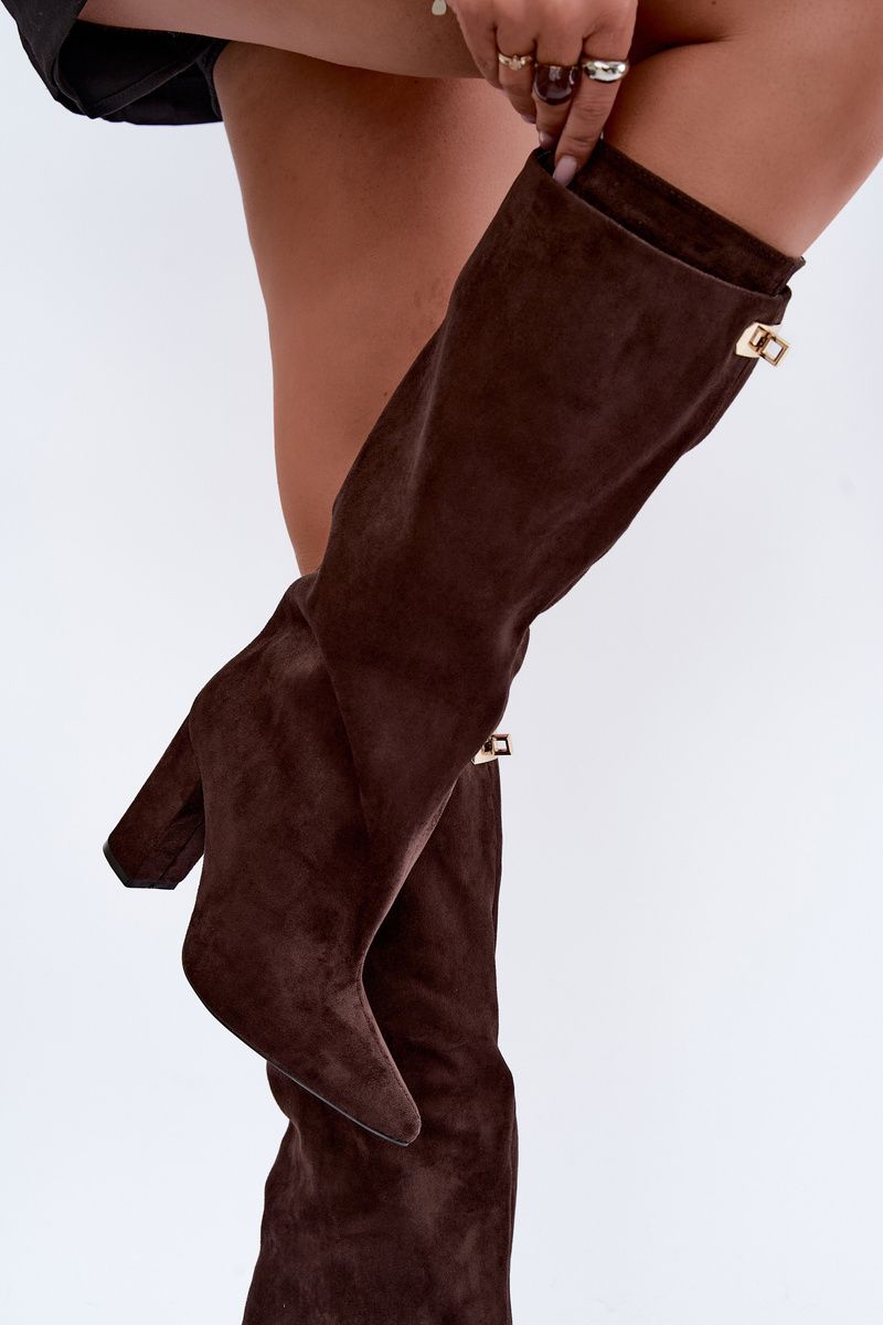 Gefütterte Overknee-Stiefel aus Veloursleder mit Blockabsatz, braun