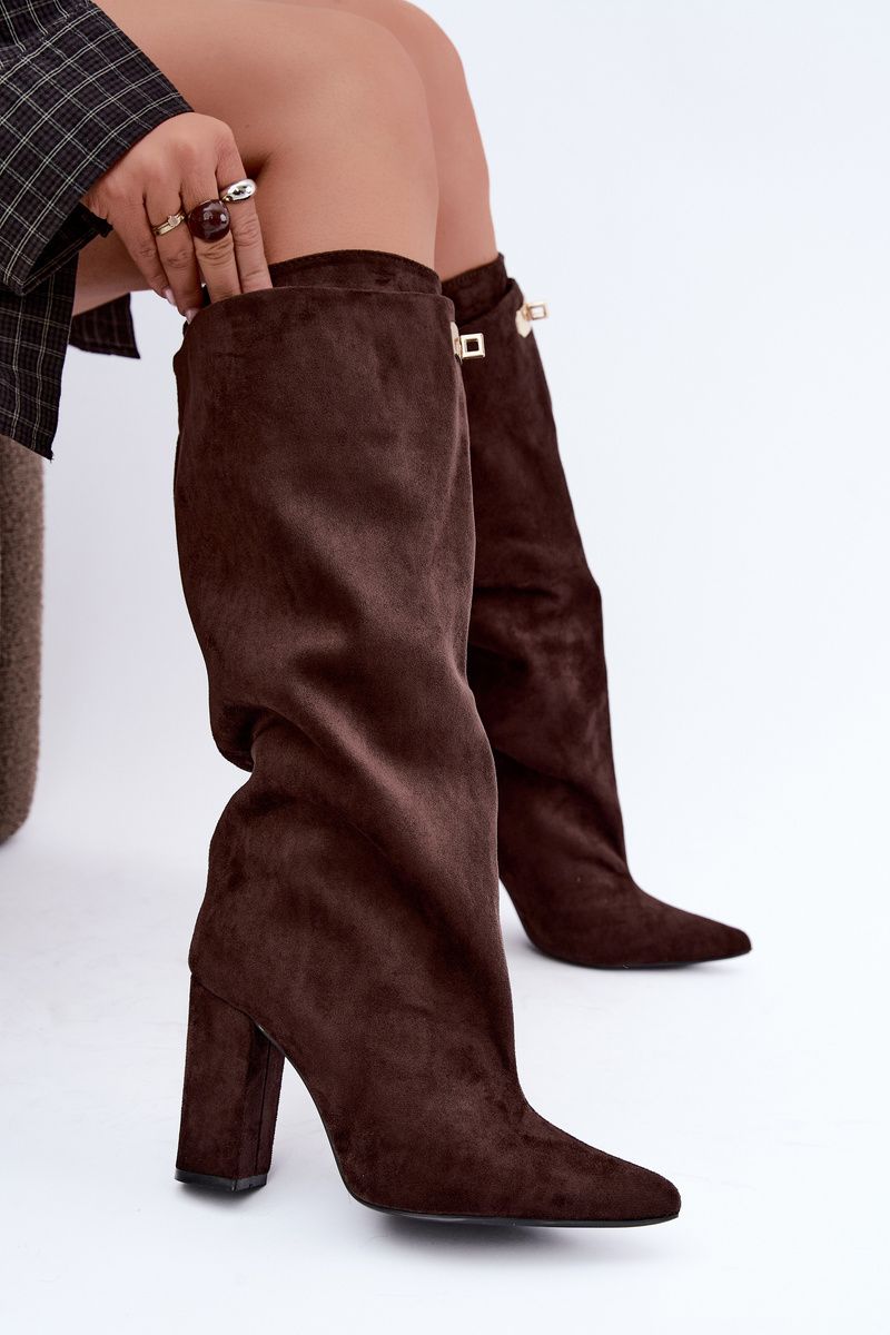 Gefütterte Overknee-Stiefel aus Veloursleder mit Blockabsatz, braun
