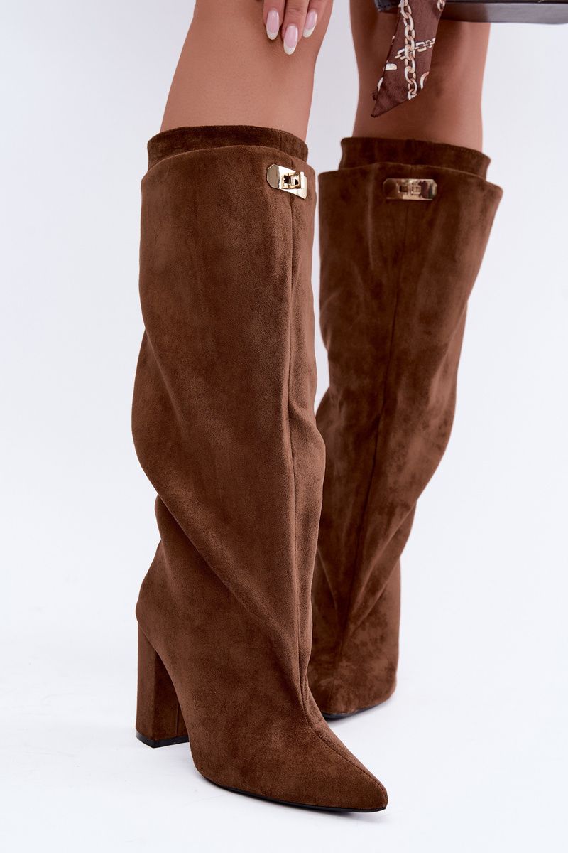 Gefütterte Overknee-Stiefel aus Velourslederimitat mit Blockabsatz, braun