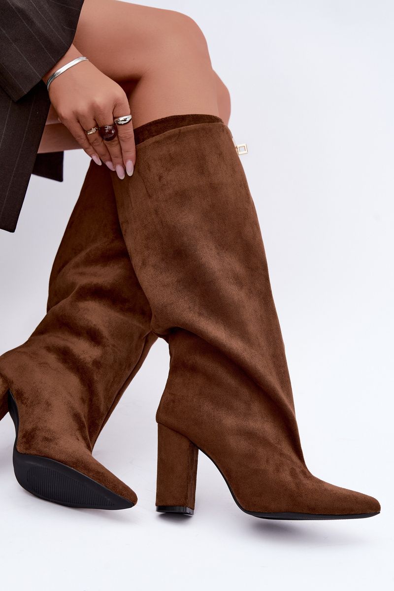 Gefütterte Overknee-Stiefel aus Velourslederimitat mit Blockabsatz, braun