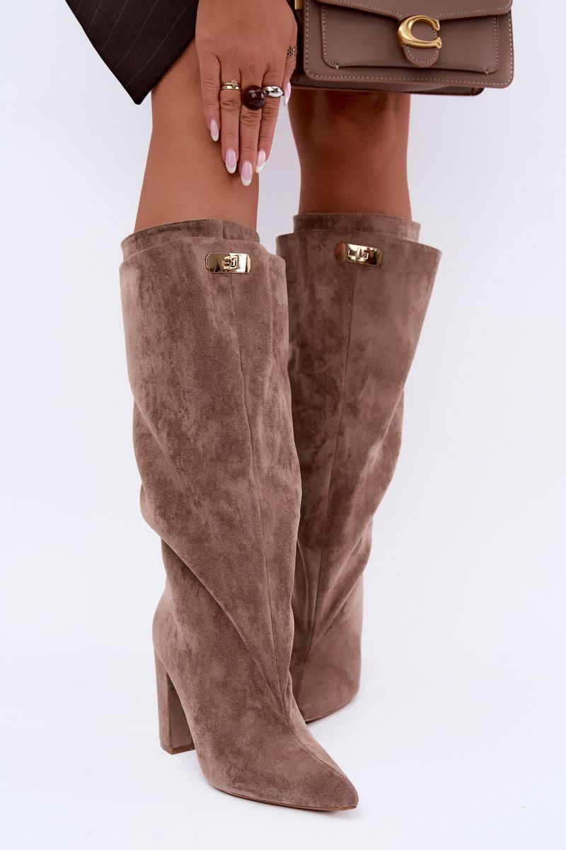 Gefütterte Overknee-Stiefel aus Velourslederimitat mit doppeltem Schaft und Blockabsatz in Beige