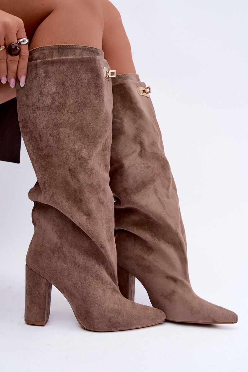 Gefütterte Overknee-Stiefel aus Velourslederimitat mit doppeltem Schaft und Blockabsatz in Beige