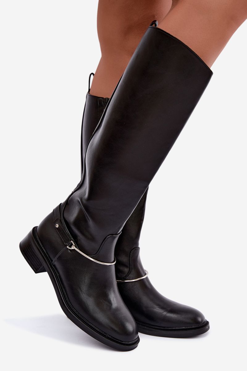 Schwarze Overknee-Stiefel mit dekorativem Riemen und flachem Absatz