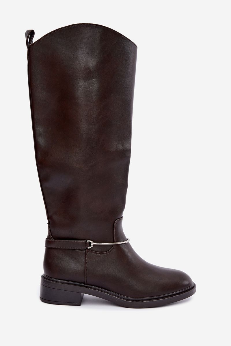 Stiefel mit flachem Absatz und dekorativem Riemen, braun
