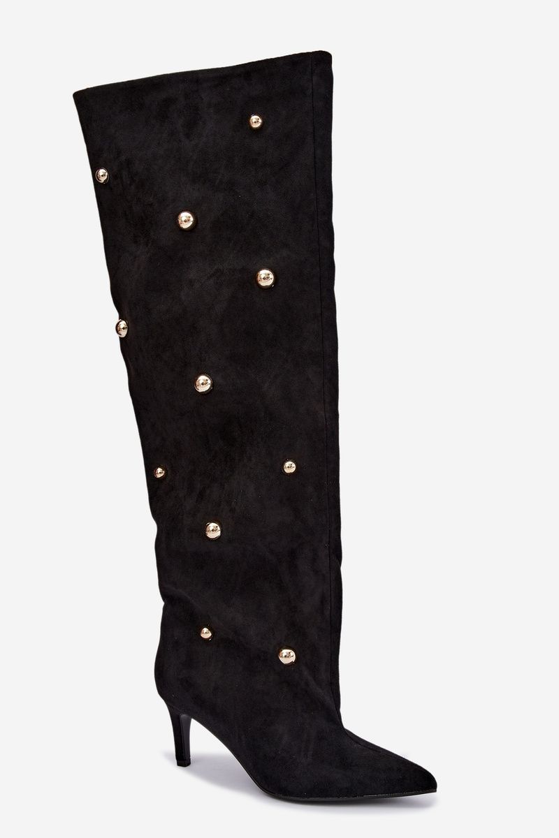 Schwarze Overknee-Stiefel mit Stiletto-Absatz und goldenen Details