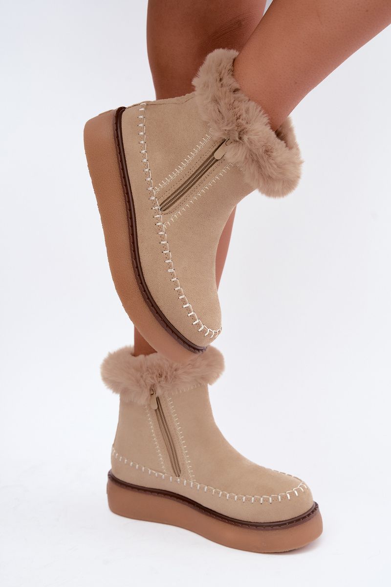 Beige Schneestiefel mit Reißverschluss und Fellbesatz