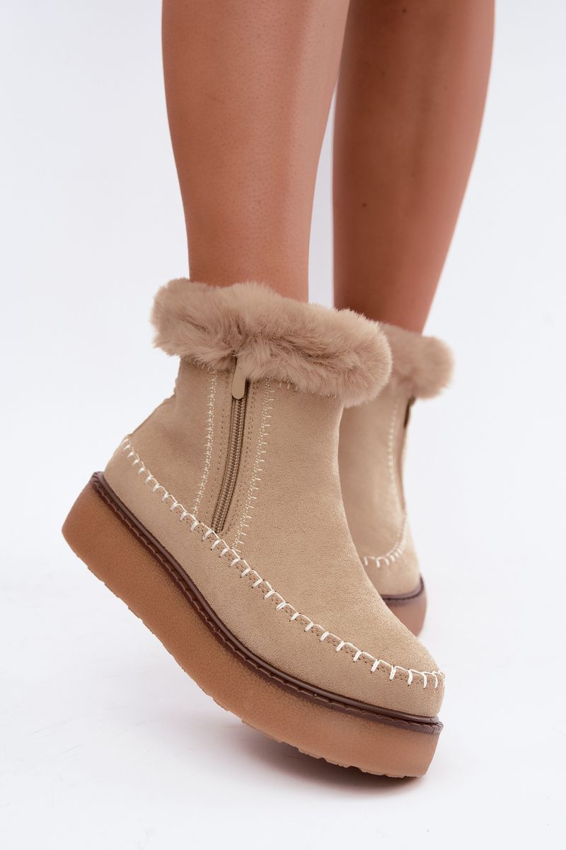 Beige Schneestiefel mit Reißverschluss und Fellbesatz
