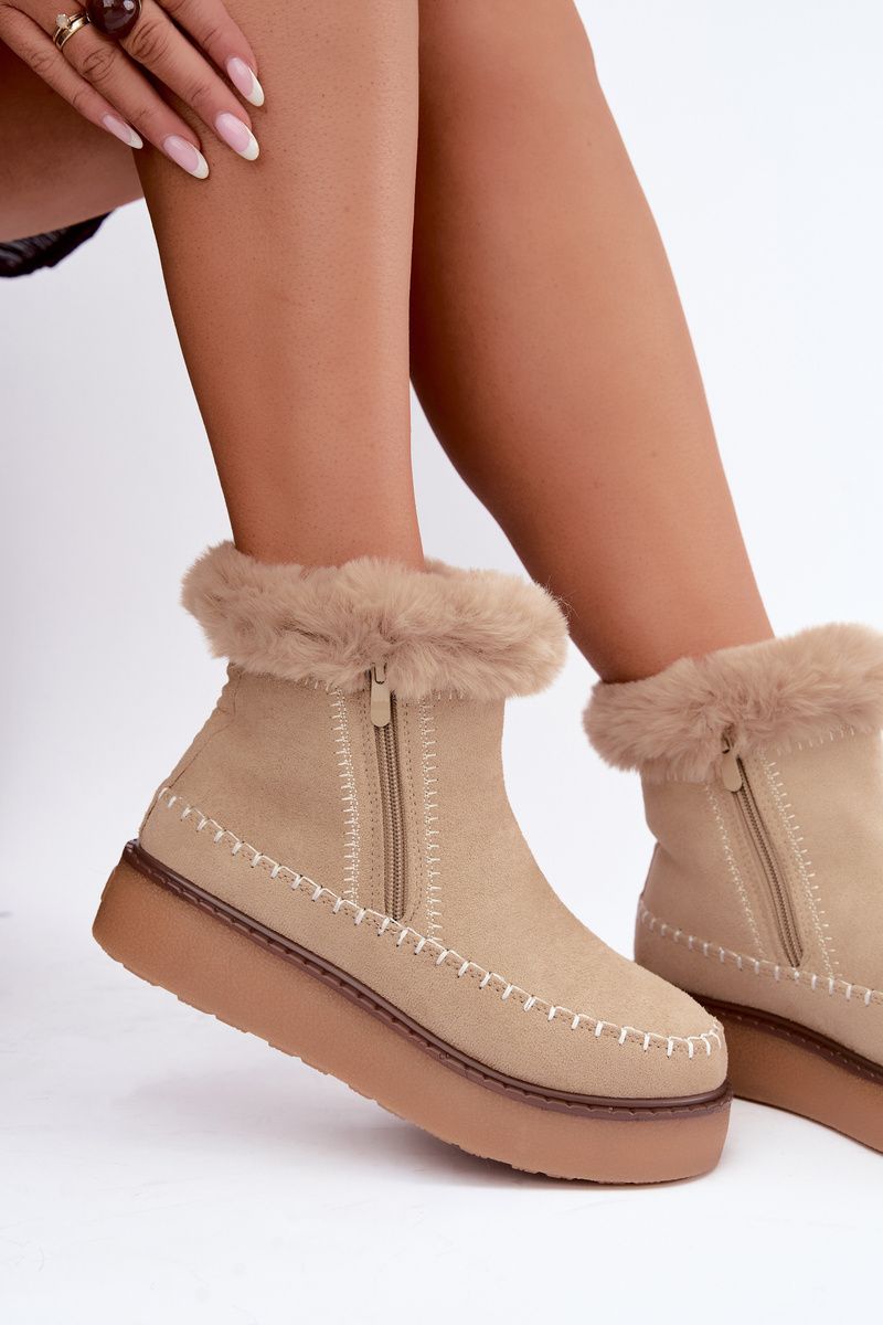Beige Schneestiefel mit Reißverschluss und Fellbesatz