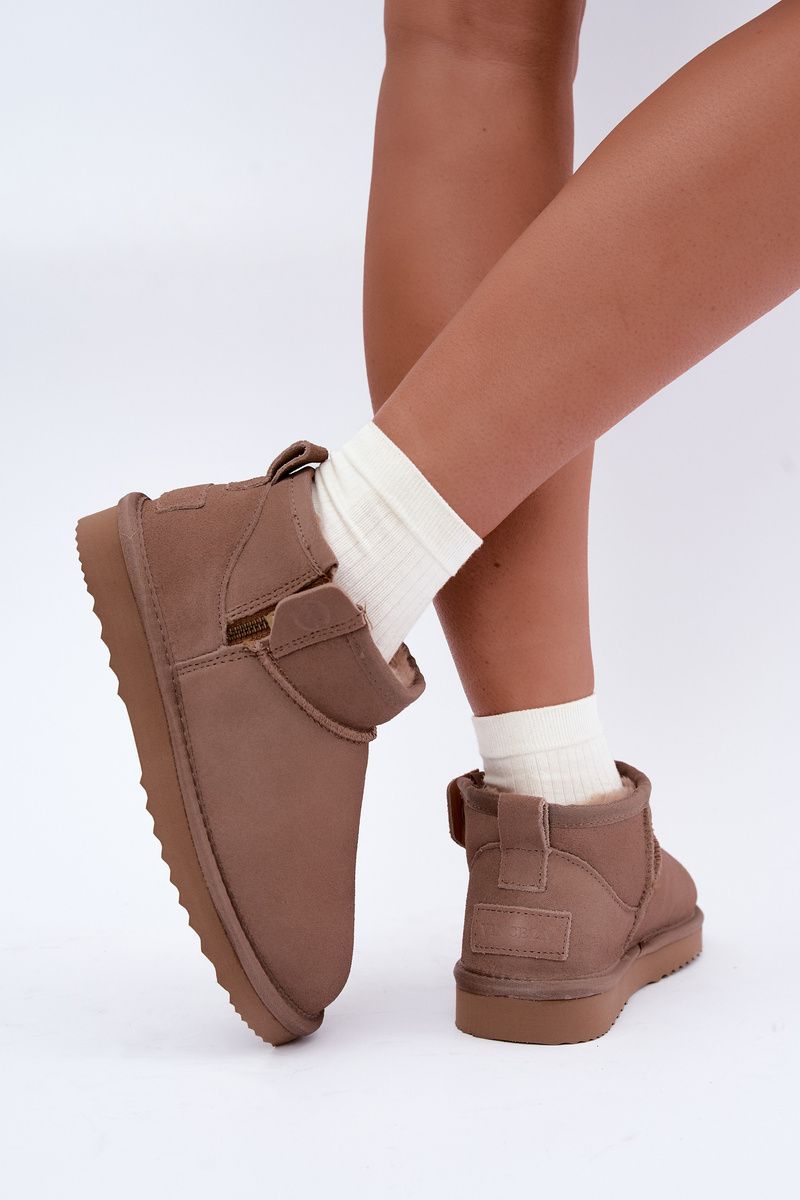 Beige Schneestiefel aus Veloursleder mit Reißverschluss